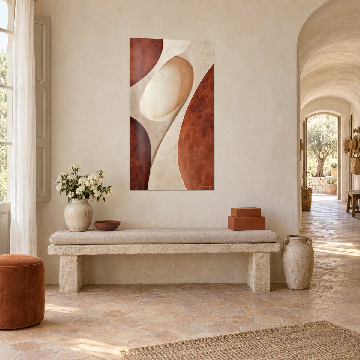 Wall art rounded forms in ivory and terracotta, large pale oval and toasted flat areas, on a whitewashed wall beside a stone bench in a country farmhouse
