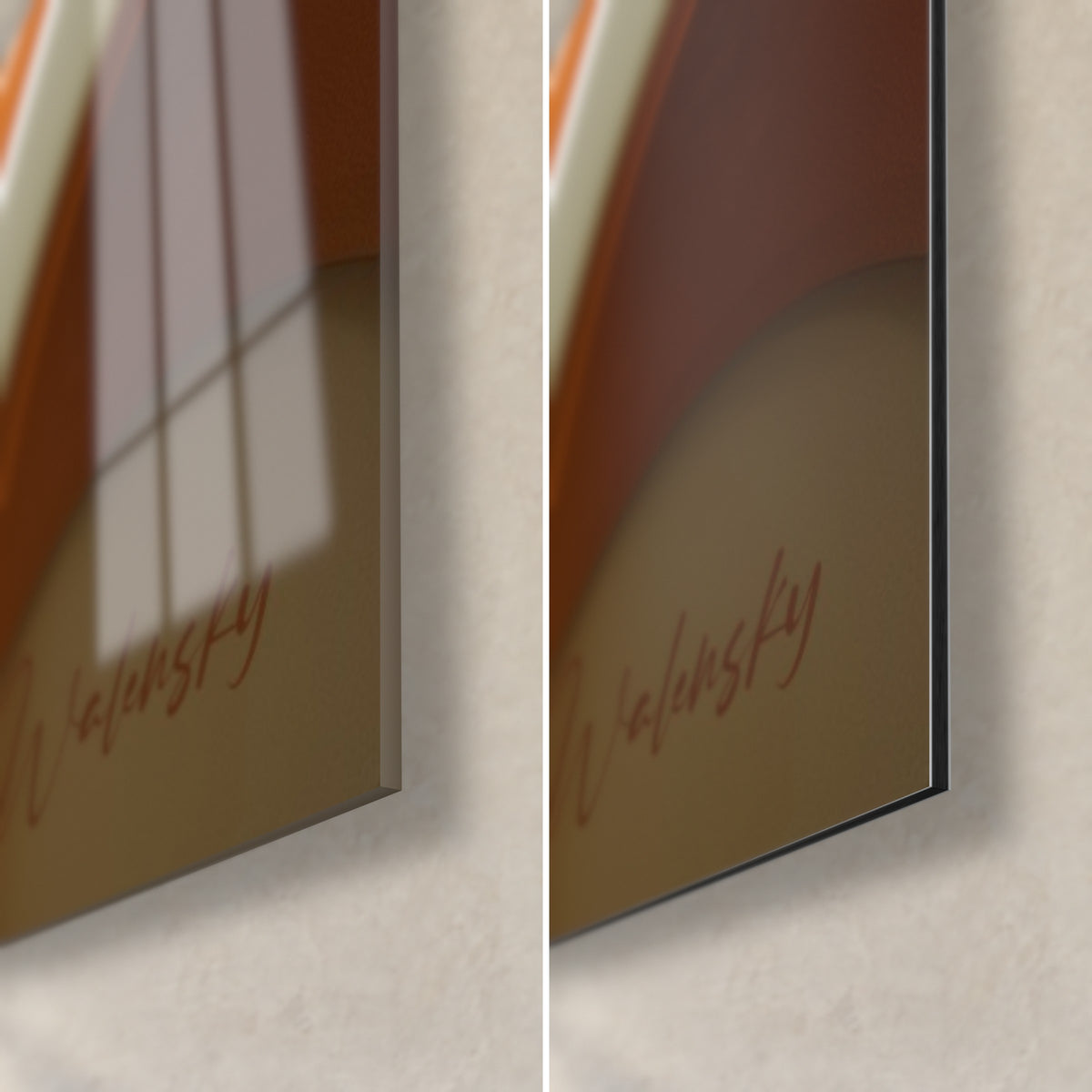 Schilderij ivoorkleurige en roodbruine lussen, rechteronderhoek: glanzend acrylglas links, mat Dibond-aluminium rechts, rand van 3 mm