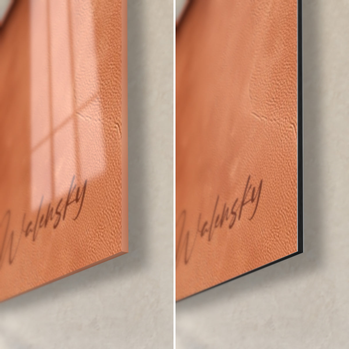 Wall art brick and copper relief arch, bottom right corner: glossy acrylic glass on the left, matte Dibond aluminium, 3 mm black edge