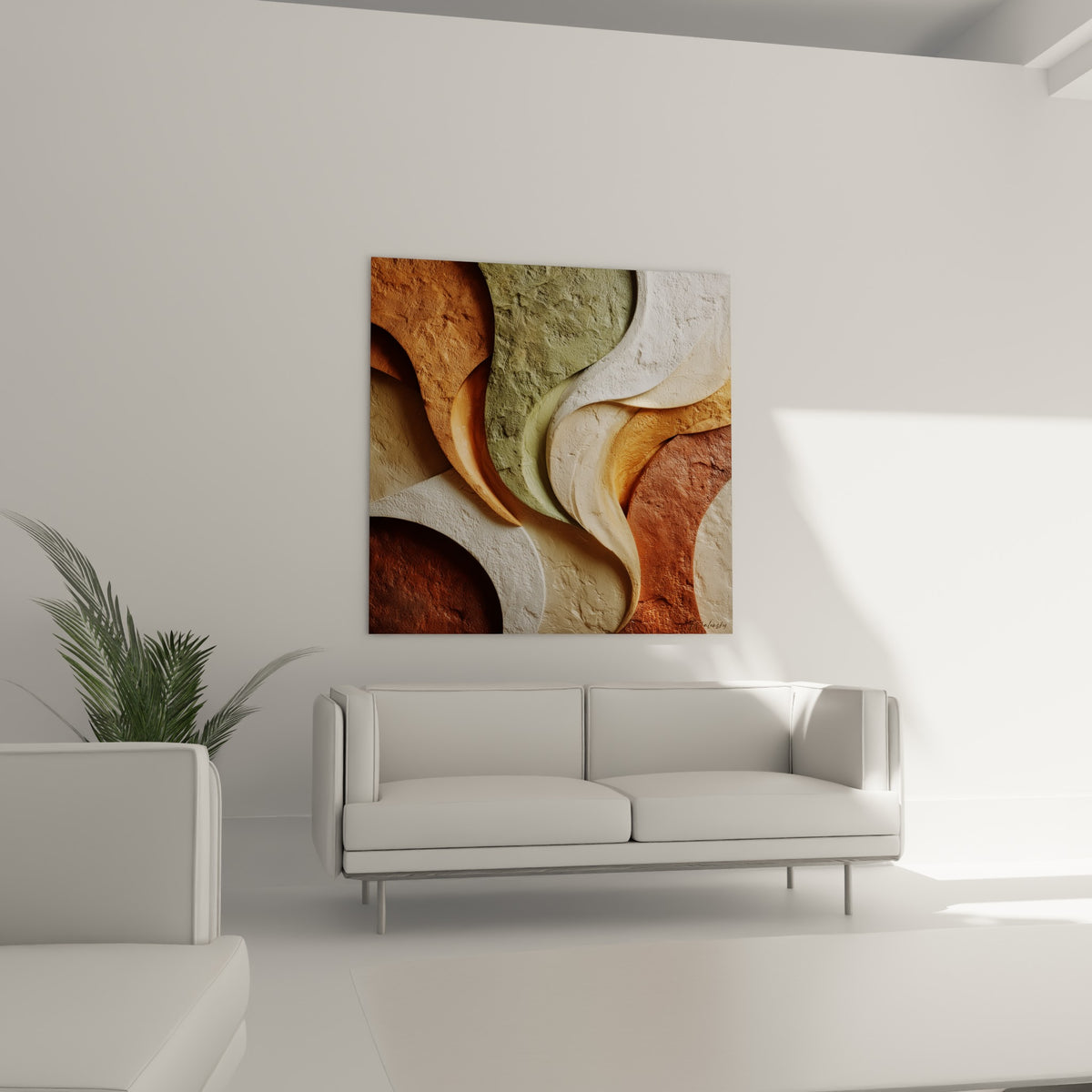 Reliefs organiques terracotta et vert olive suspendus au-dessus d'un canapé dans un salon lumineux
