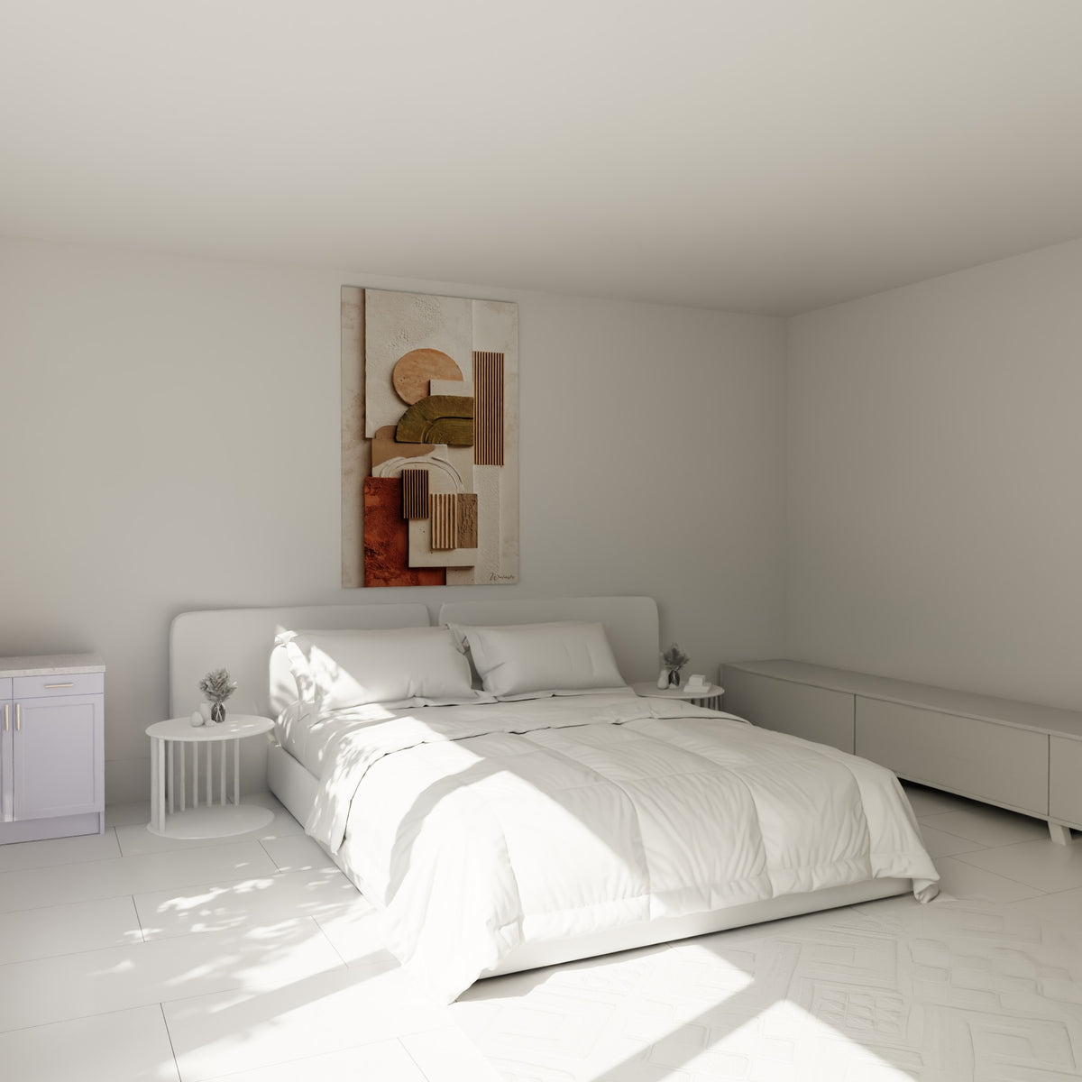 Formes géométriques Terracotta rouille et olive accrochées au-dessus d'un lit dans une chambre claire