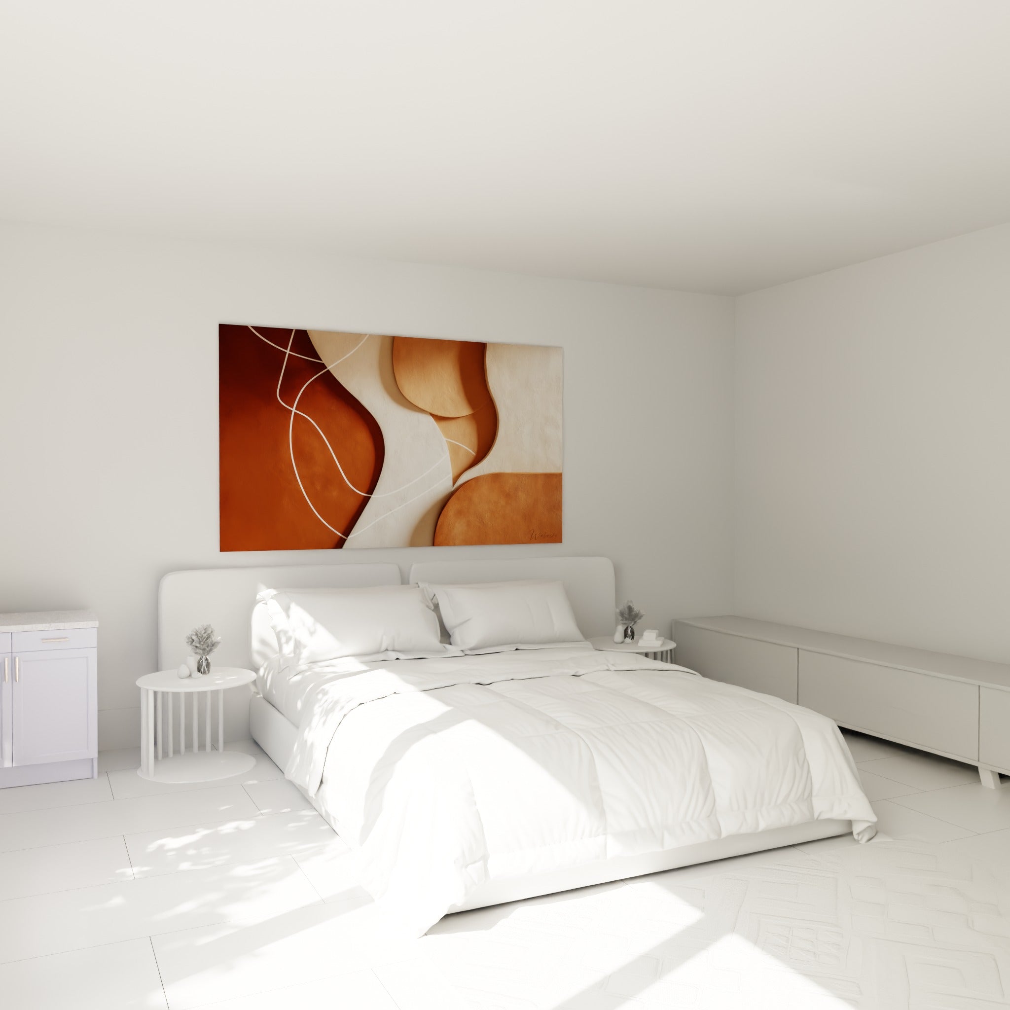 Courbes ocre et blanc sculptées en relief, tableau Terracotta accroché au-dessus d'un lit dans une chambre claire