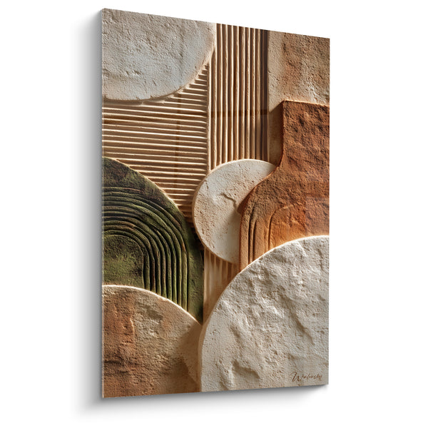 Tableau Cercles sculptés blanc et rouille aux cannelures rayées - Relief vert mousse - Edition Terracotta
