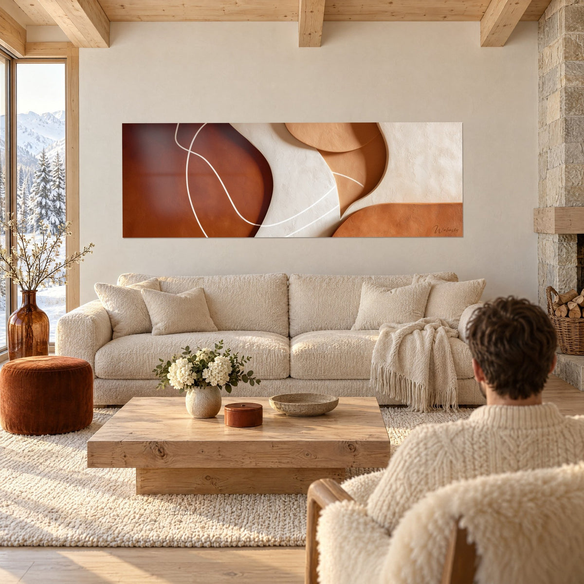 Tableau formes sculptées brique et crème, filaments blancs enlacés, couple de dos, au-dessus d'un canapé dans un salon lumineux