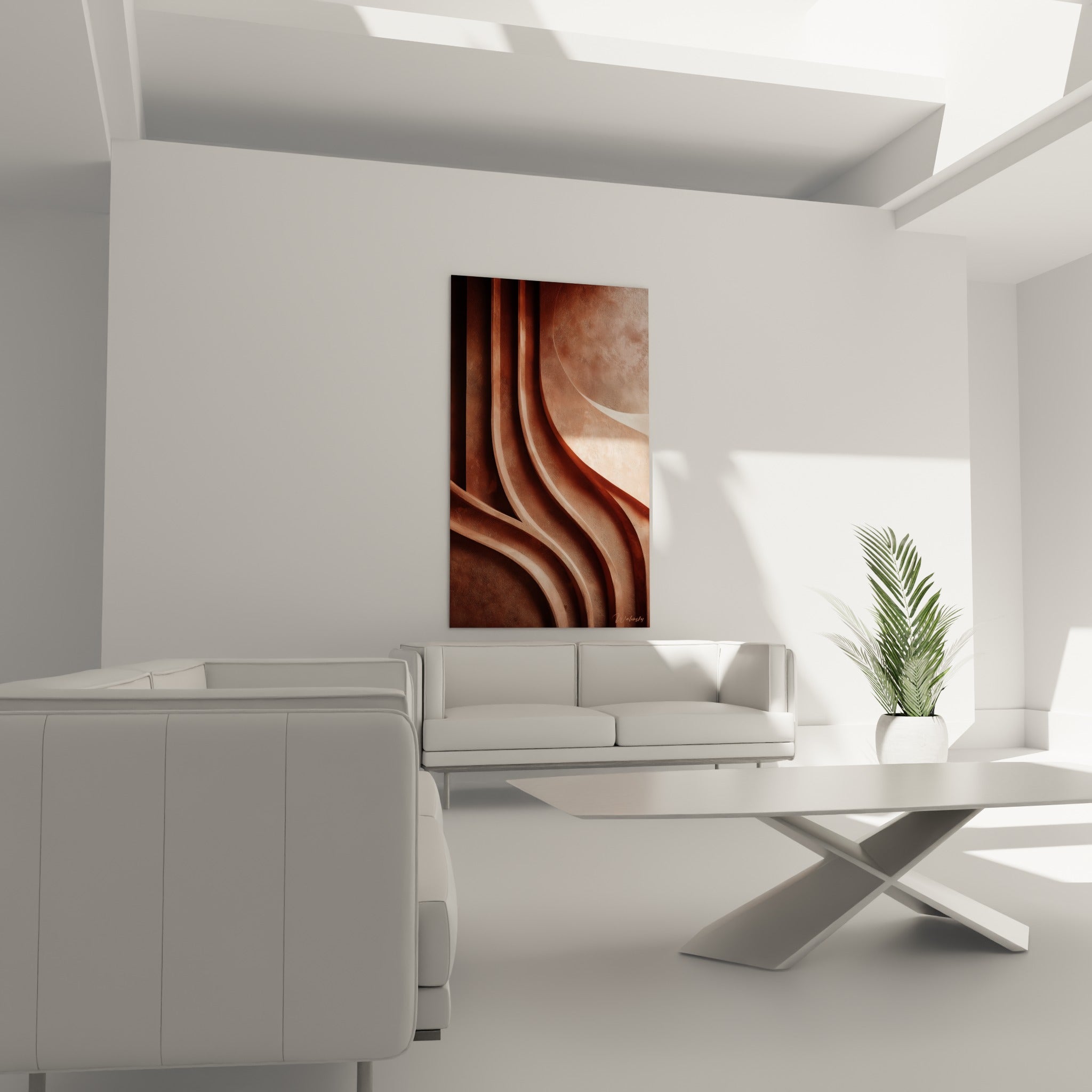 Vagues ocre et brun profond en relief sculptural au-dessus d'un canapé dans un salon lumineux