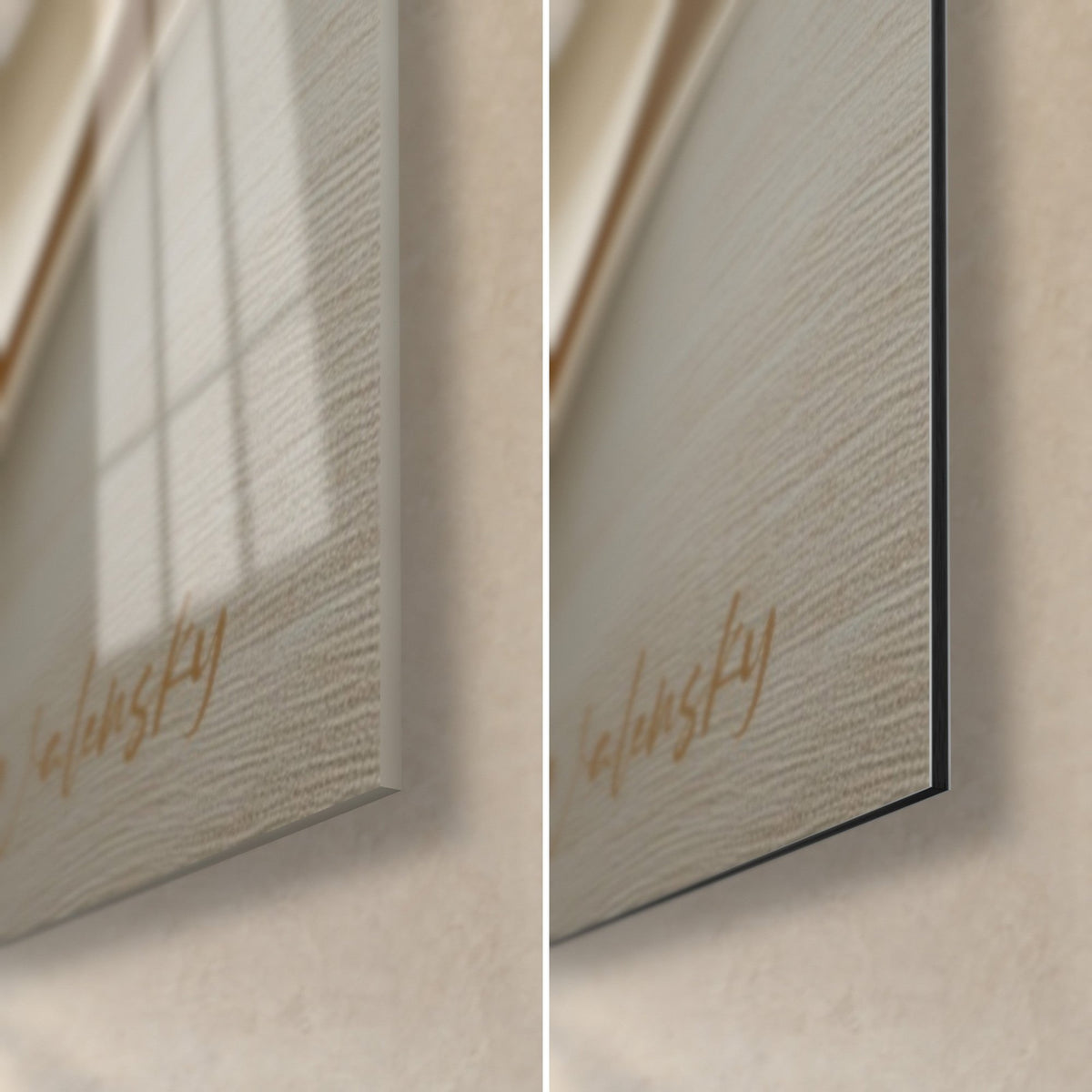 Wall art waves in copper and cream, bottom right corner: glossy acrylic glass on the left, matte Dibond aluminium on the right, 3 mm edge