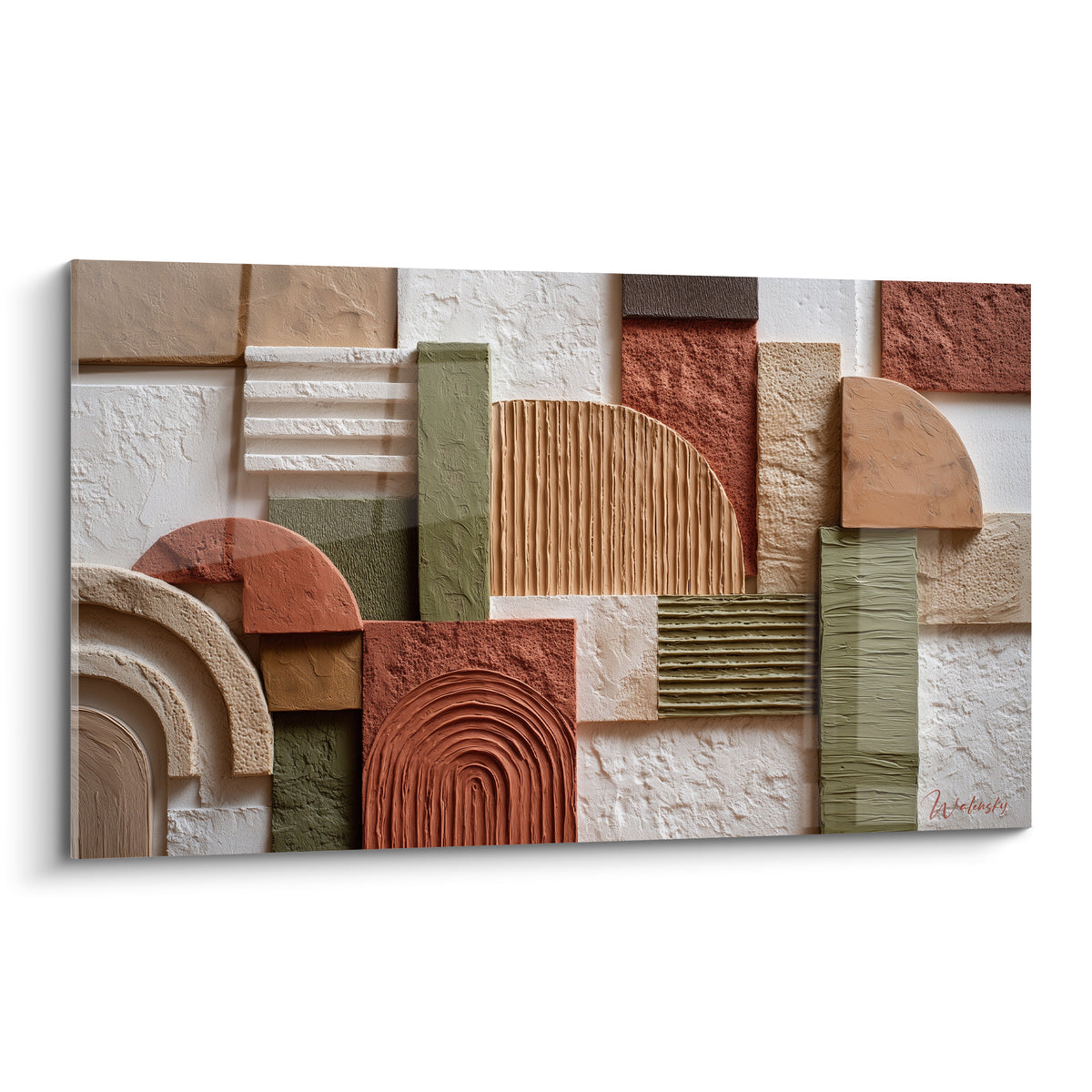 Formes géométriques en relief terracotta, ocre et vert sauge sur fond crayeux blanc