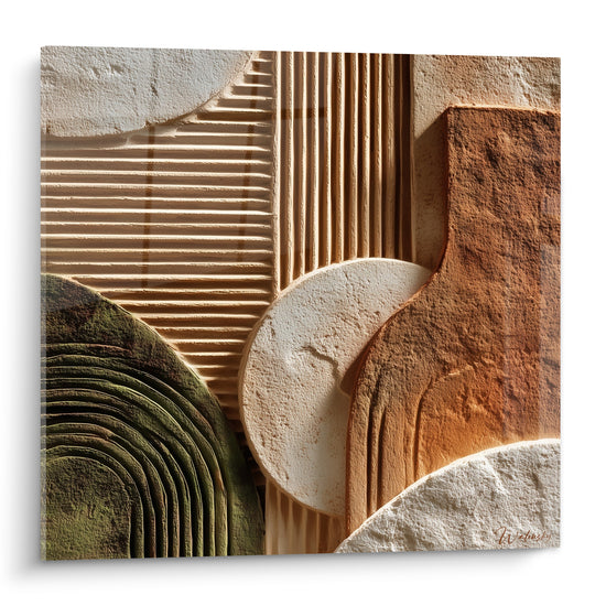 Reliefs sculptés terracotta et vert sauge aux courbes minérales et cannelures beiges texturées