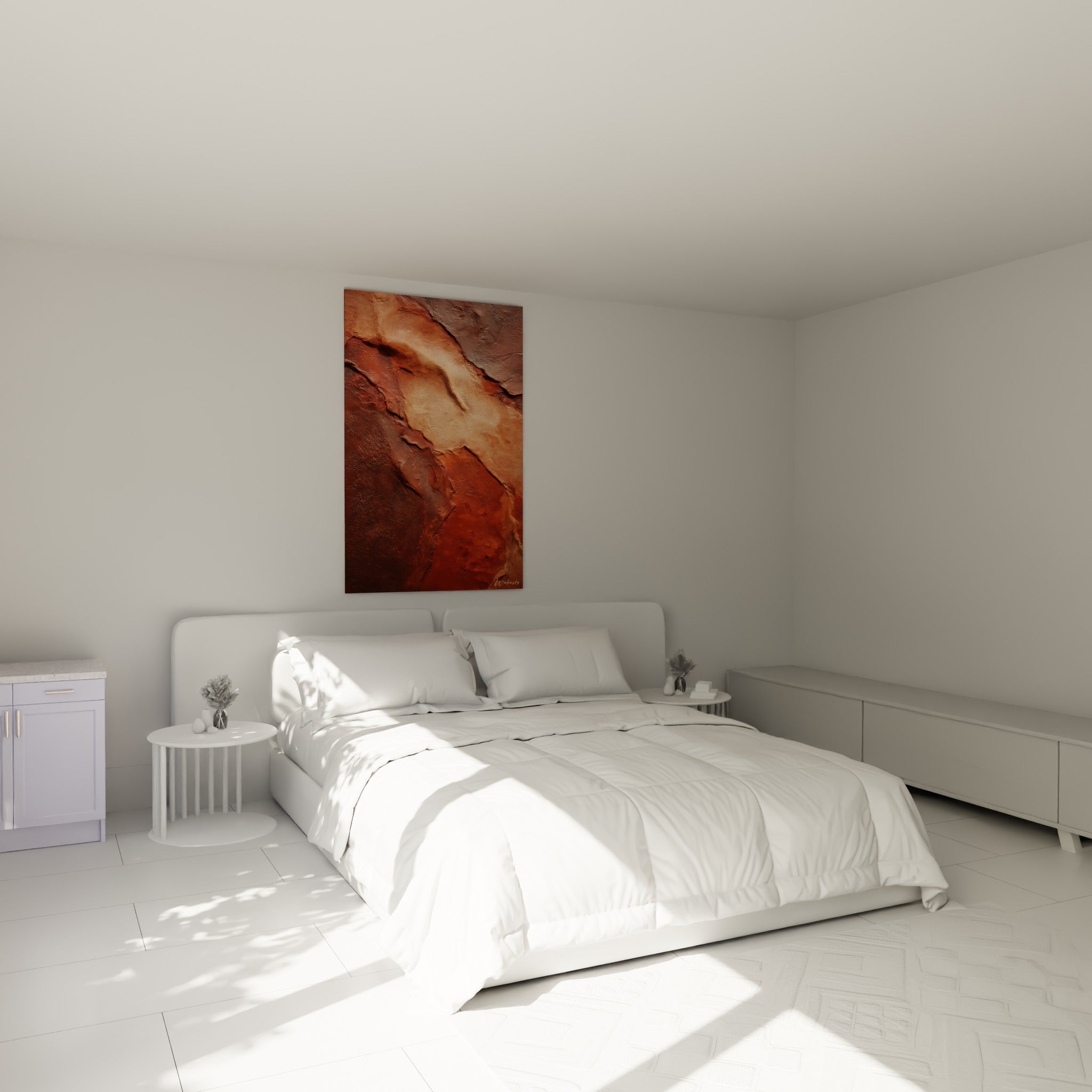 Roche brune et ocre aux crevasses profondes, accrochée au-dessus d'un lit dans une chambre claire