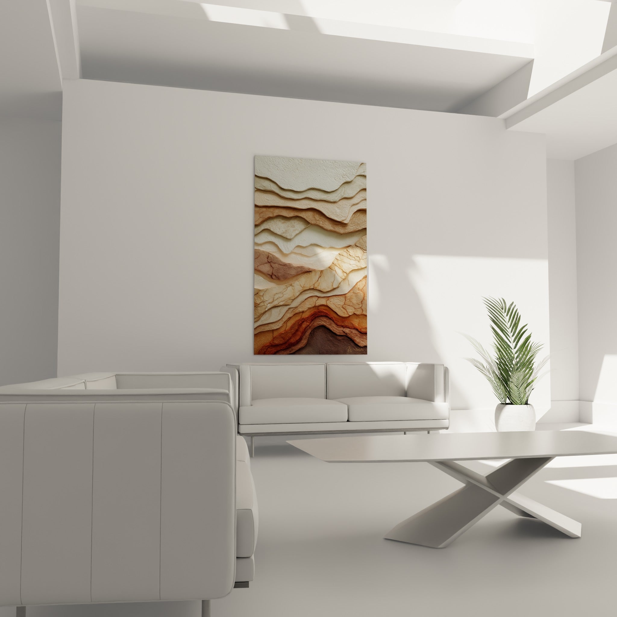 Reliefs sédimentaires beige et anthracite aux fissures fines, disposés au-dessus d'un canapé dans un salon lumineux