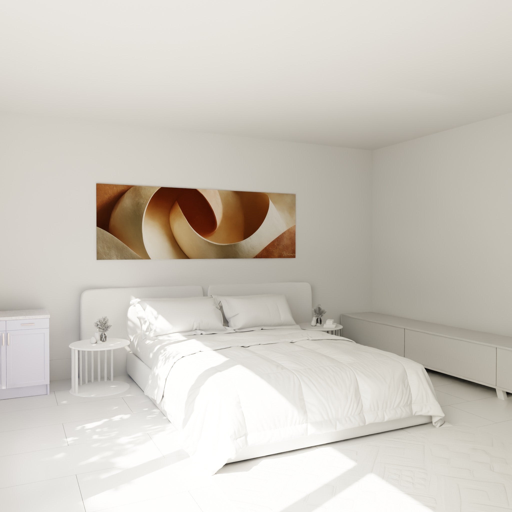 Ruban abstrait beige et brique en volume, au-dessus d'un lit dans une chambre claire