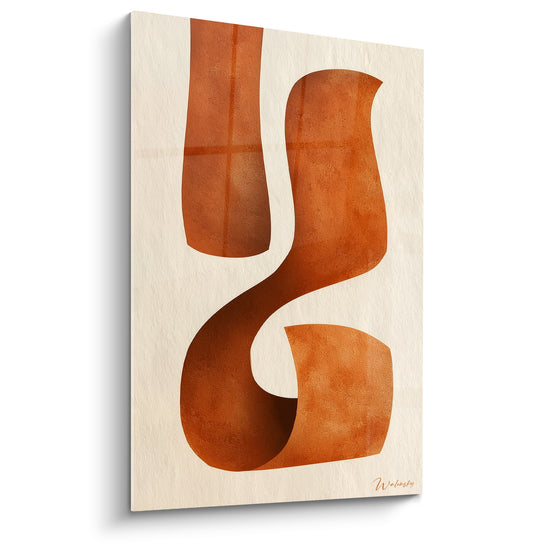 Ruban abstrait terracotta et ocre sinueux sur fond beige texturé, forme sculpturale fluide