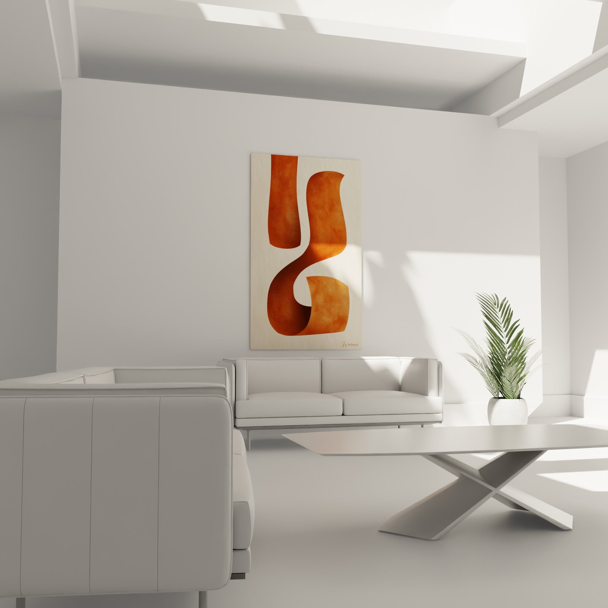 Courbe abstraite terracotta et brun rouille placée au-dessus d'un canapé dans un salon lumineux