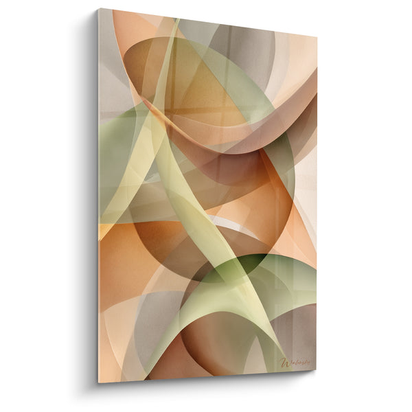 Tableau Rubans translucides orange et vert croisés en diagonale - Voiles entrelacés - Edition Terracotta