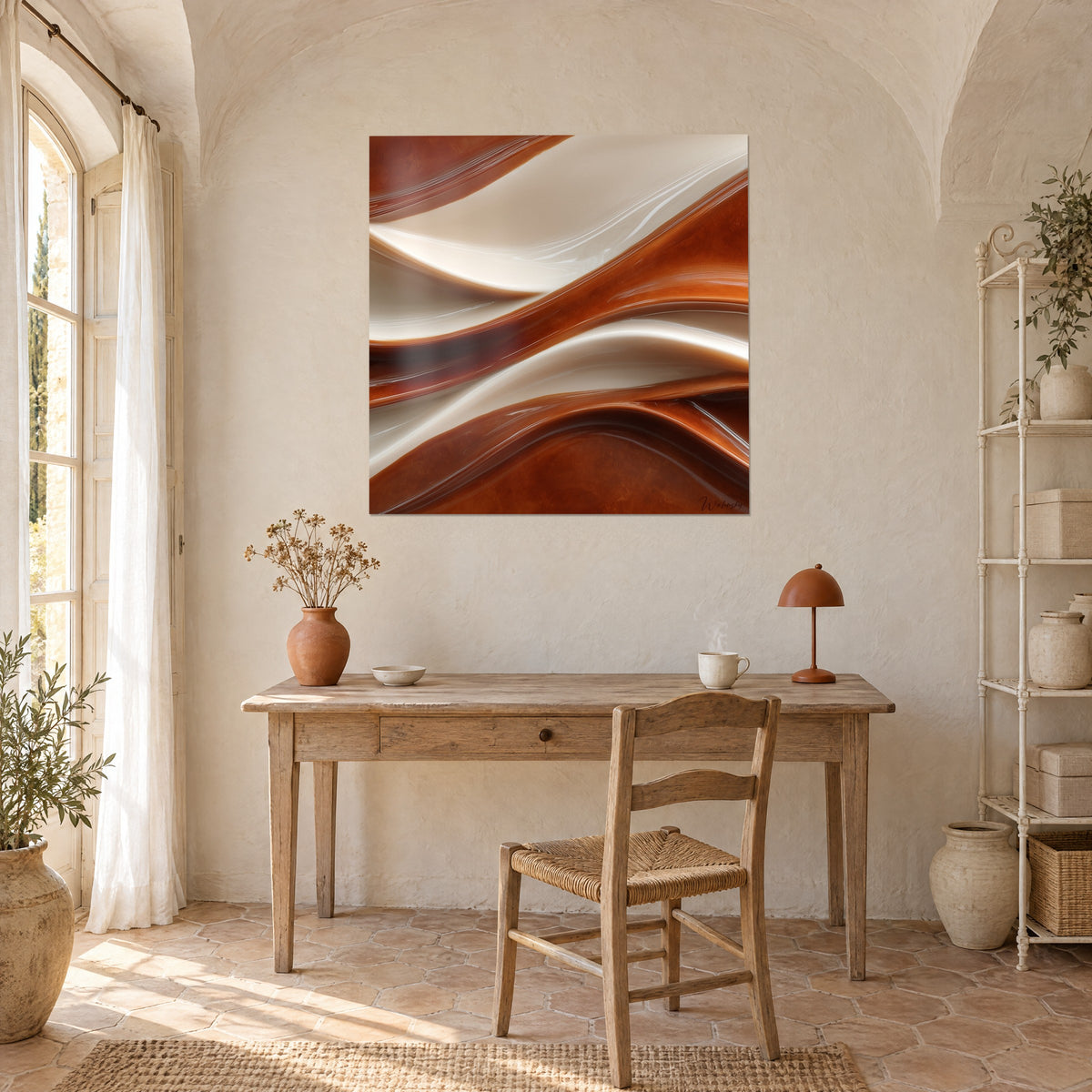 Tableau flux de miel ambré et crème, replis brillants cuivrés, mur chaulé au-dessus d'un bureau en bois clair, mas provençal