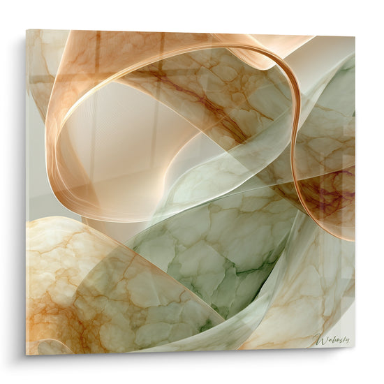 Rubans marbrés ocre et vert sauge entrelacés en volutes fluides sur ce tableau Terracotta abstrait