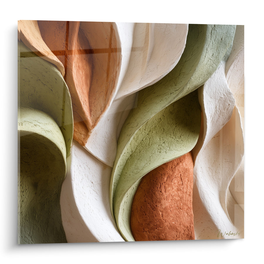 Tableau Rubans sculptés vert sauge et blanc torsadés - Torsion végétale plâtrée - Edition Terracotta