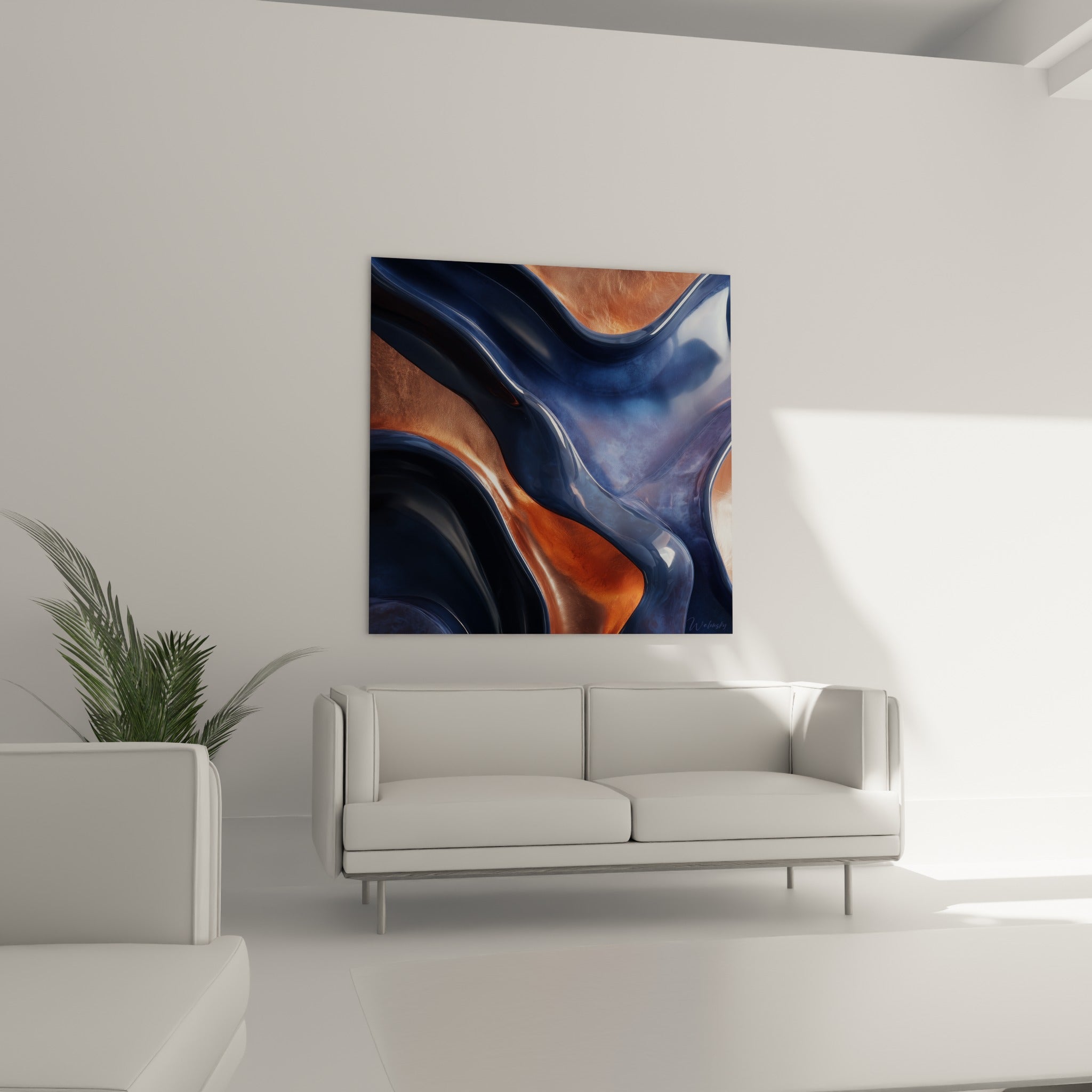 Terracotta orne un salon lumineux avec ses vagues cuivrées et bleu marine placées au-dessus du canapé