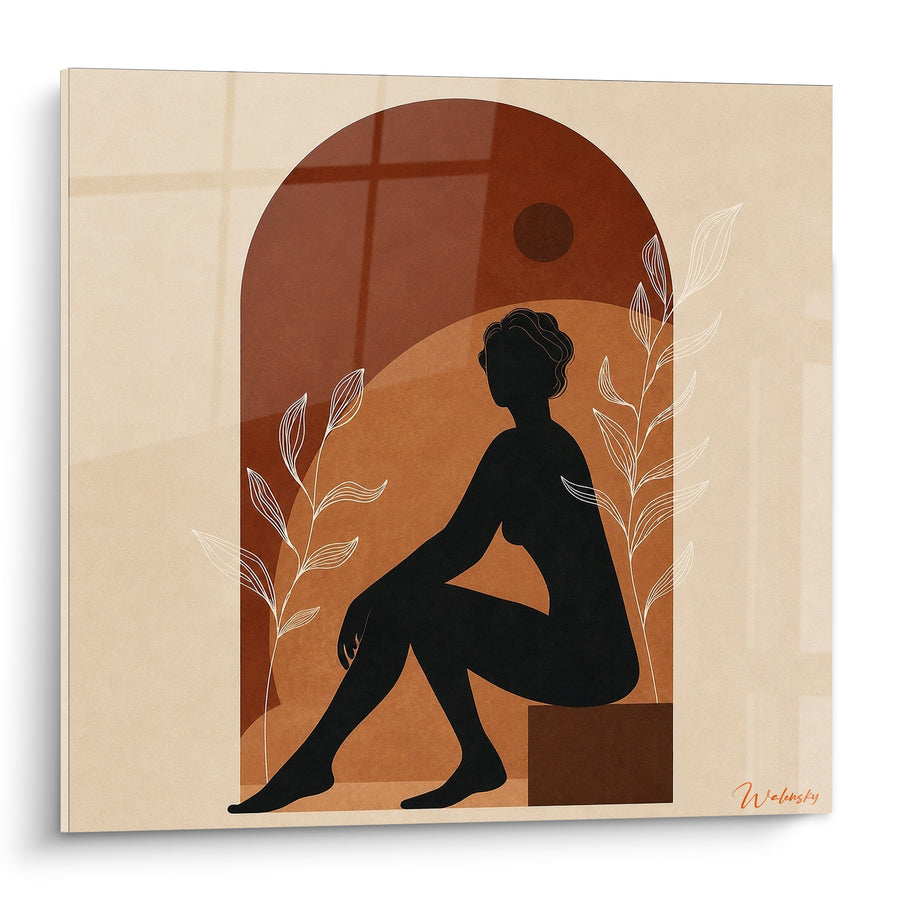 Tableau Silhouette assise sous une arche terracotta - Pause méditative - Edition Terracotta