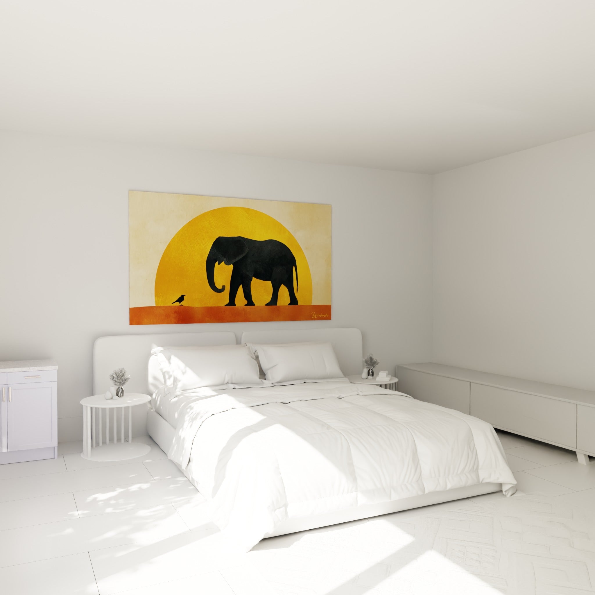Silhouette d'éléphant noir sur fond jaune doré et terracotta, accrochée au-dessus d'un lit dans une chambre claire