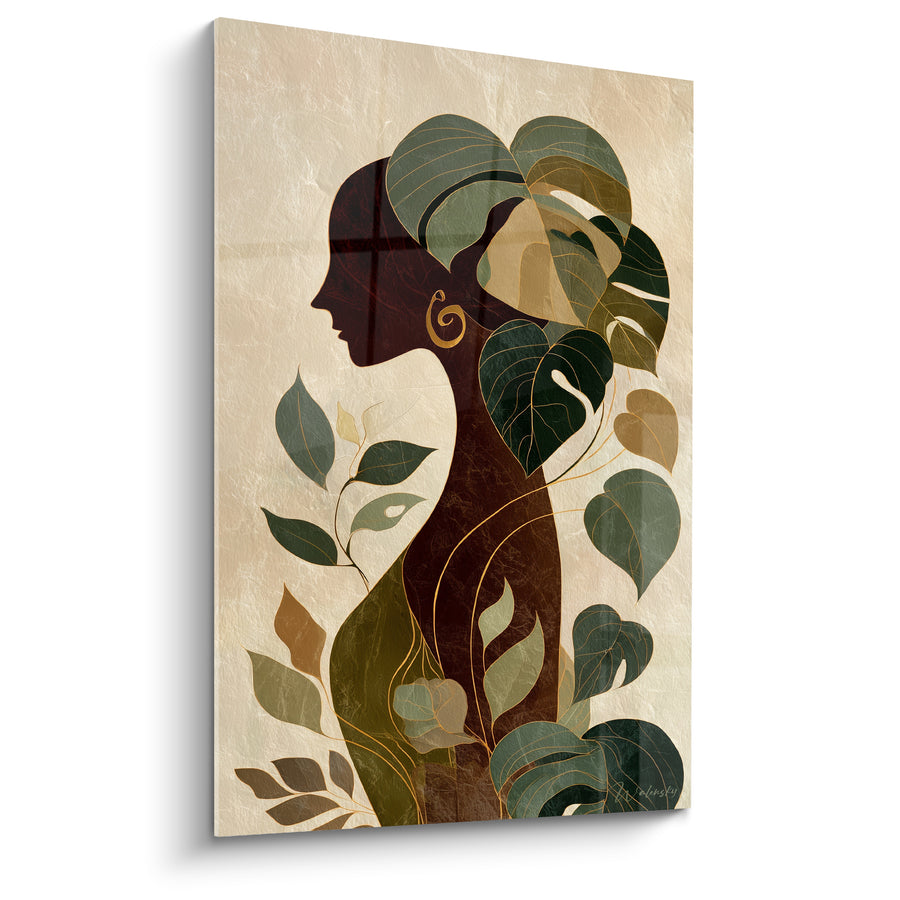 Tableau Silhouette féminine brune et vert sauge parée de feuillages - Boucle d'oreille dorée - Edition Terracotta