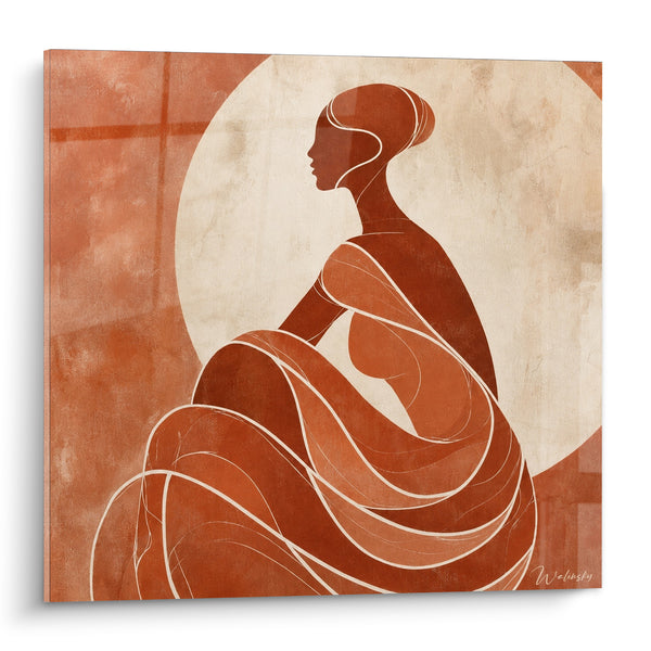 Tableau Silhouette féminine ocre et sable enveloppée d'un drapé sinueux - Instant de méditation - Edition Terracotta