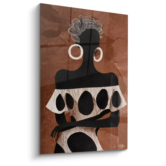 Silhouette féminine noire aux boucles blanches, fond terracotta craquelé, tableau élégant et graphique