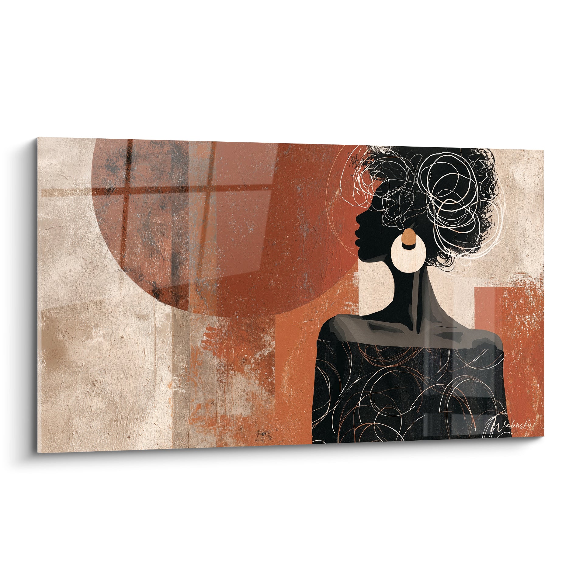 Silhouette féminine noire profil, coiffure griffée blanche, fond terracotta et sable géométrique