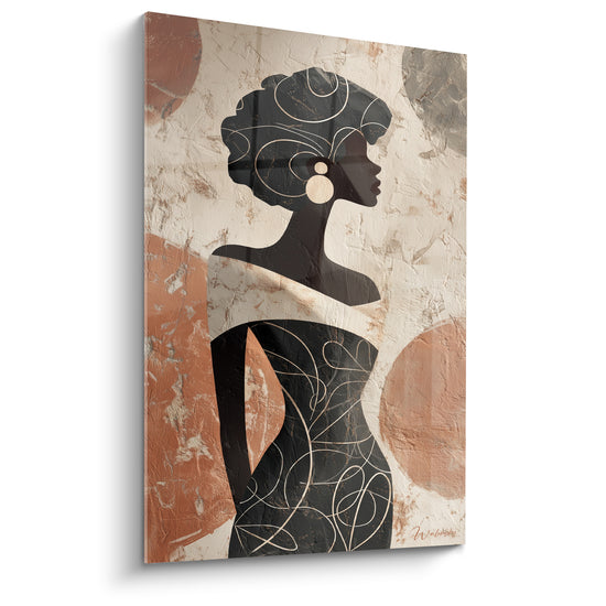 Silhouette de femme noire au turban doré sur fond terracotta et beige texturé