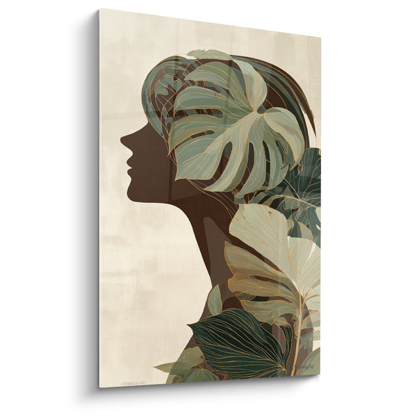 Tableau Silhouette féminine brune et vert sauge couronnée de monstera - Profil végétal doré - Edition Terracotta