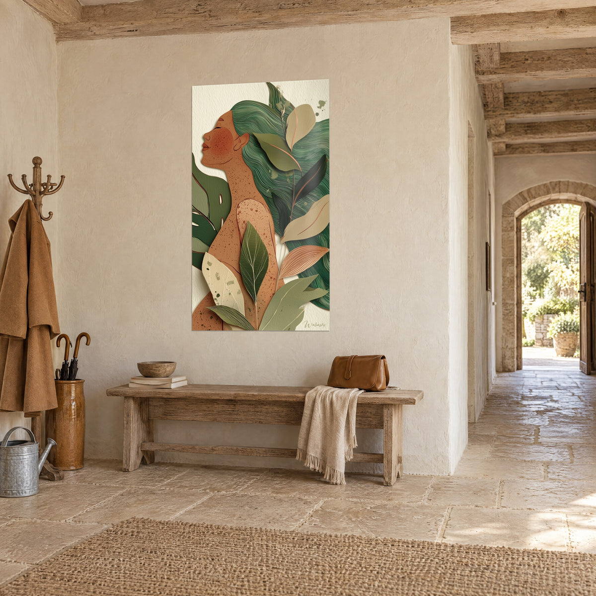 Wall art silhouette with wavy plant-like hair, olive green and sand beige leaves, three-quarter view in a stone house