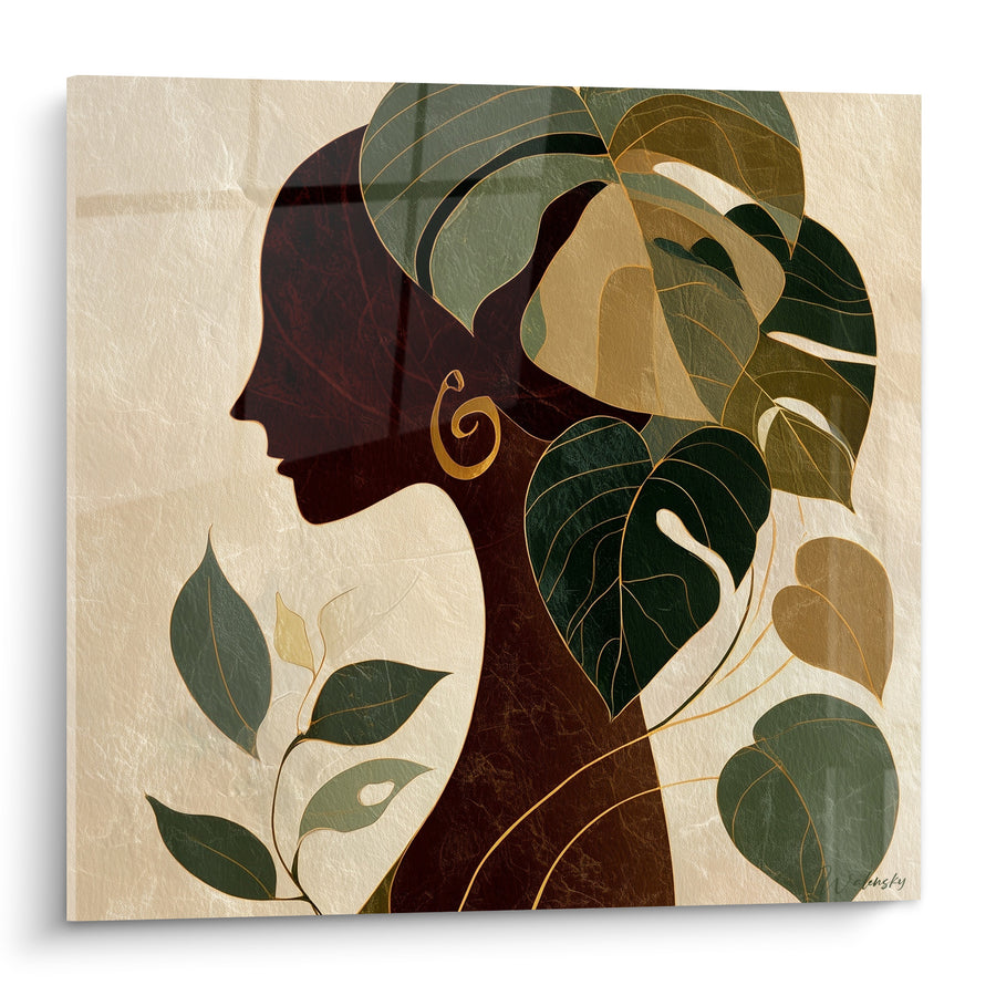 Tableau Silhouette féminine terracotta aux feuilles dorées - Fusion végétale - Edition Terracotta