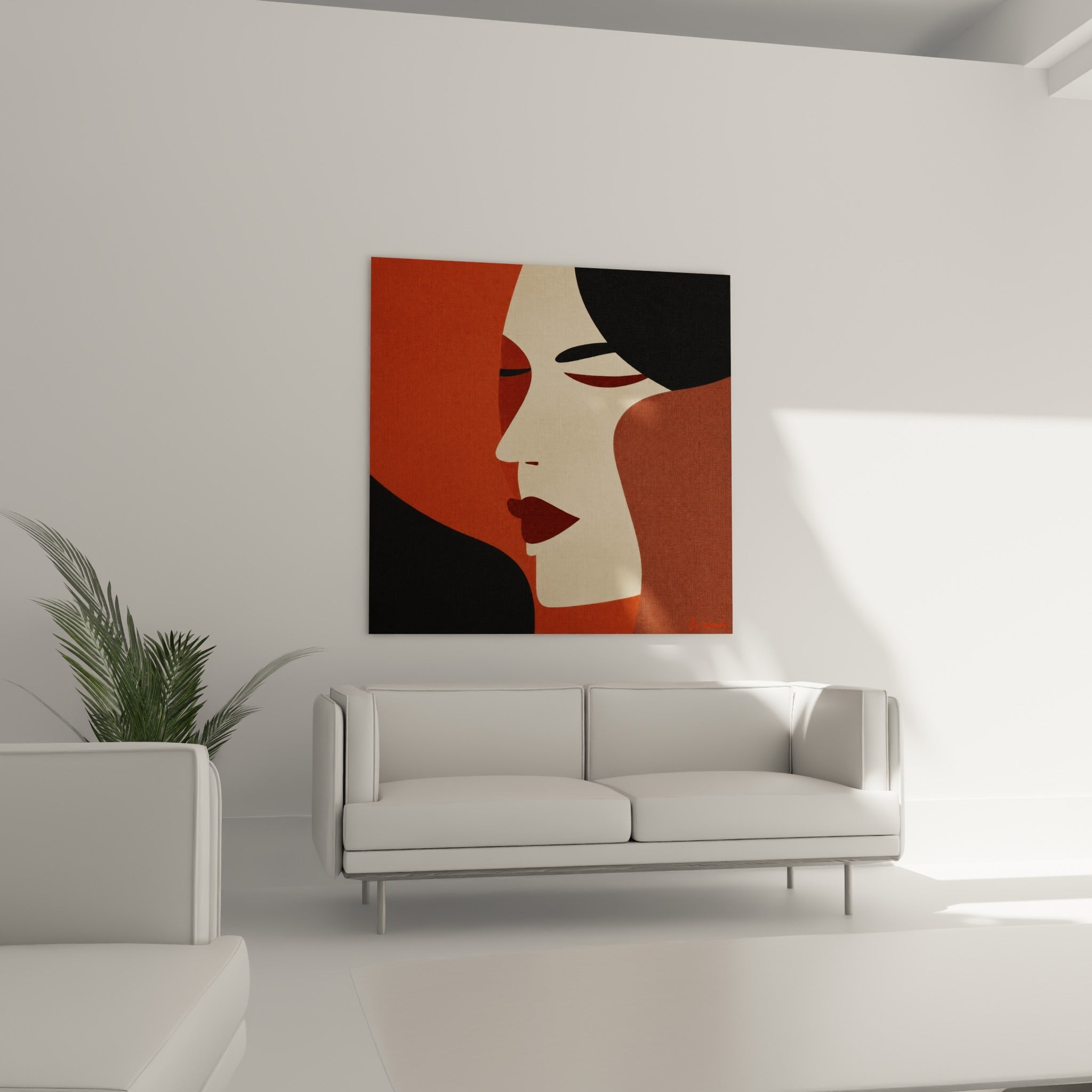 Silhouette de profil beige et brique aux traits minimalistes, suspendue au-dessus d'un canapé dans un salon lumineux