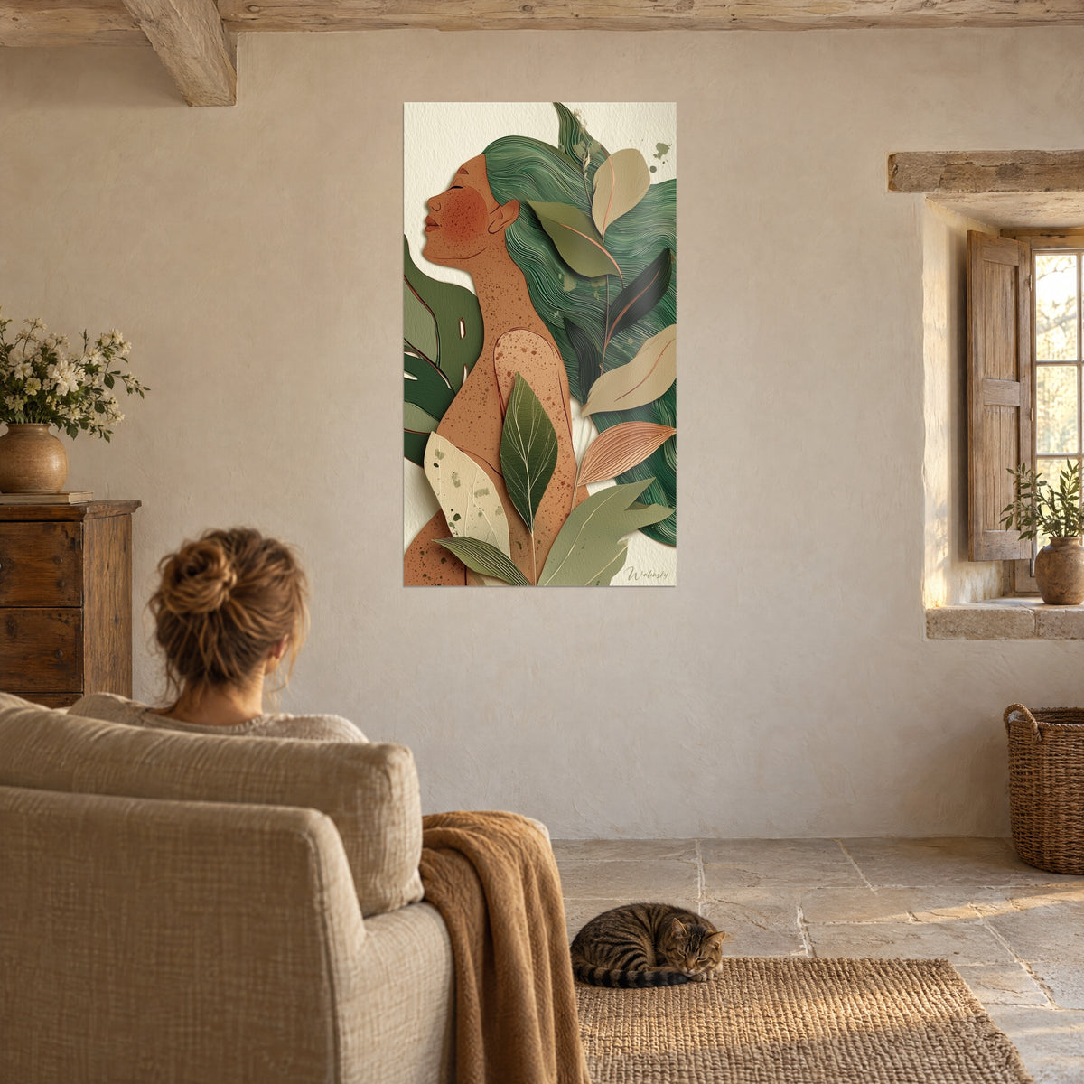Wall art young plant-woman with chin raised, deep green hair, peach-coloured leaves, view from an armchair, tabby cat