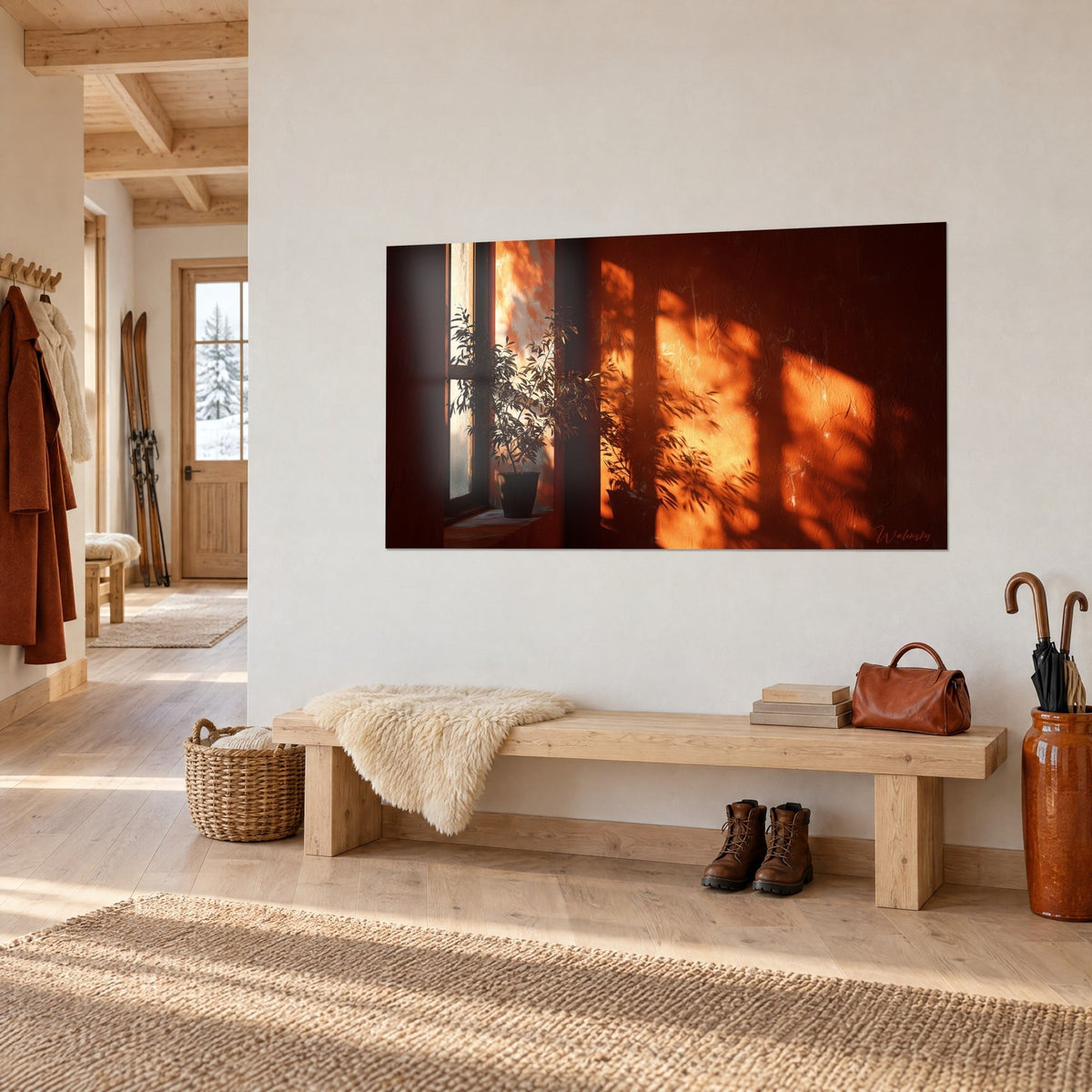 Tableau olivier en pot projetant son ombre sur un mur orangé et brun, accroché au-dessus d'un banc en bois clair