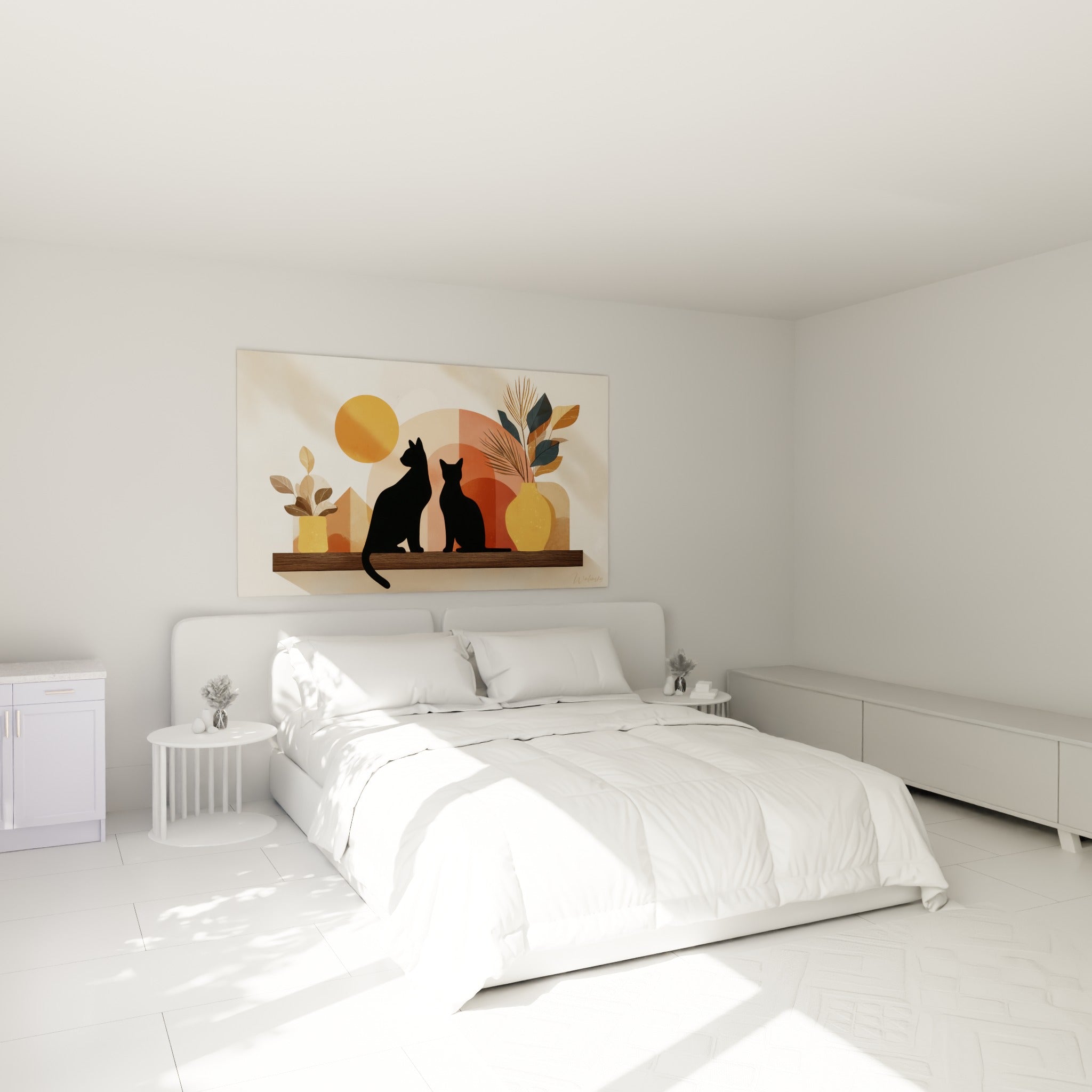 Silhouettes féline noires et vases ocre se déploient au-dessus d'un lit dans une chambre claire