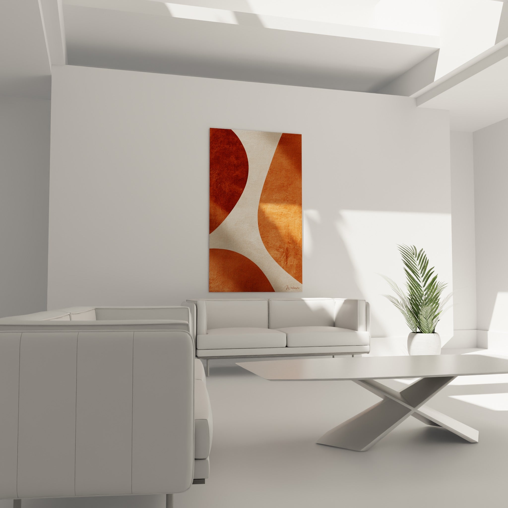 Silhouettes ocre et beige en mouvement fluide, disposées au-dessus d'un canapé dans un salon lumineux