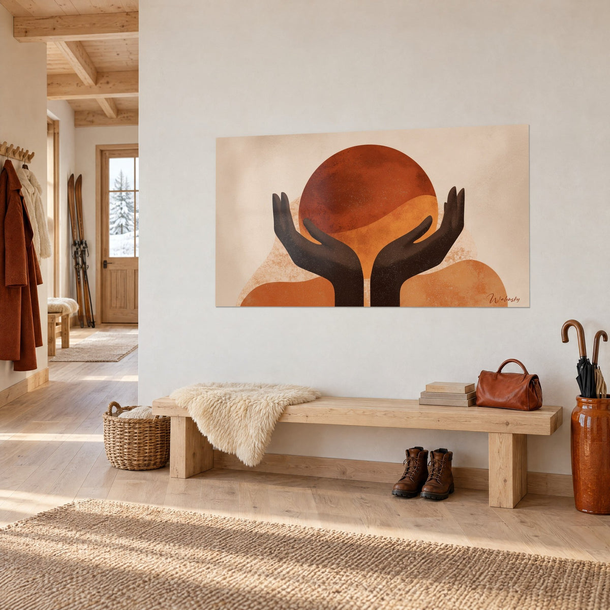 Tableau offrande du soleil : paumes chocolat tendues vers un astre roux et orange, banc en bois clair