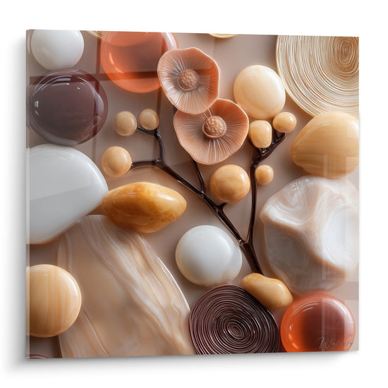 Composition sculpturale terracotta aux sphères ocre, blanches et brun chocolat sur fond neutre