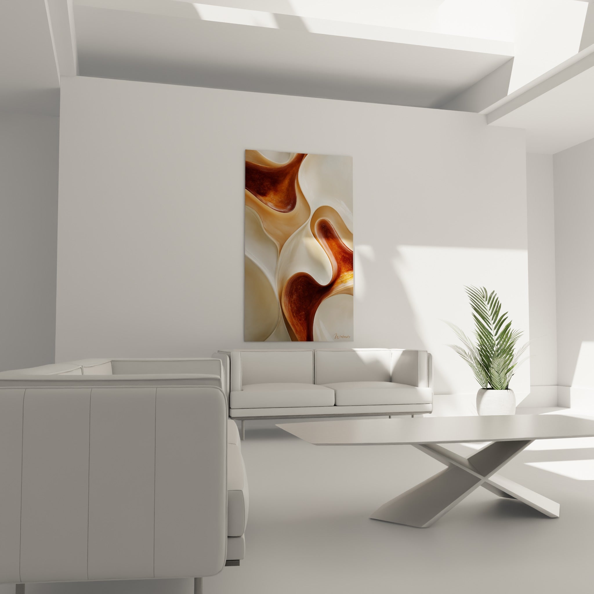 Vagues organiques ocre et ivoire du tableau Terracotta au-dessus d'un canapé dans un salon lumineux