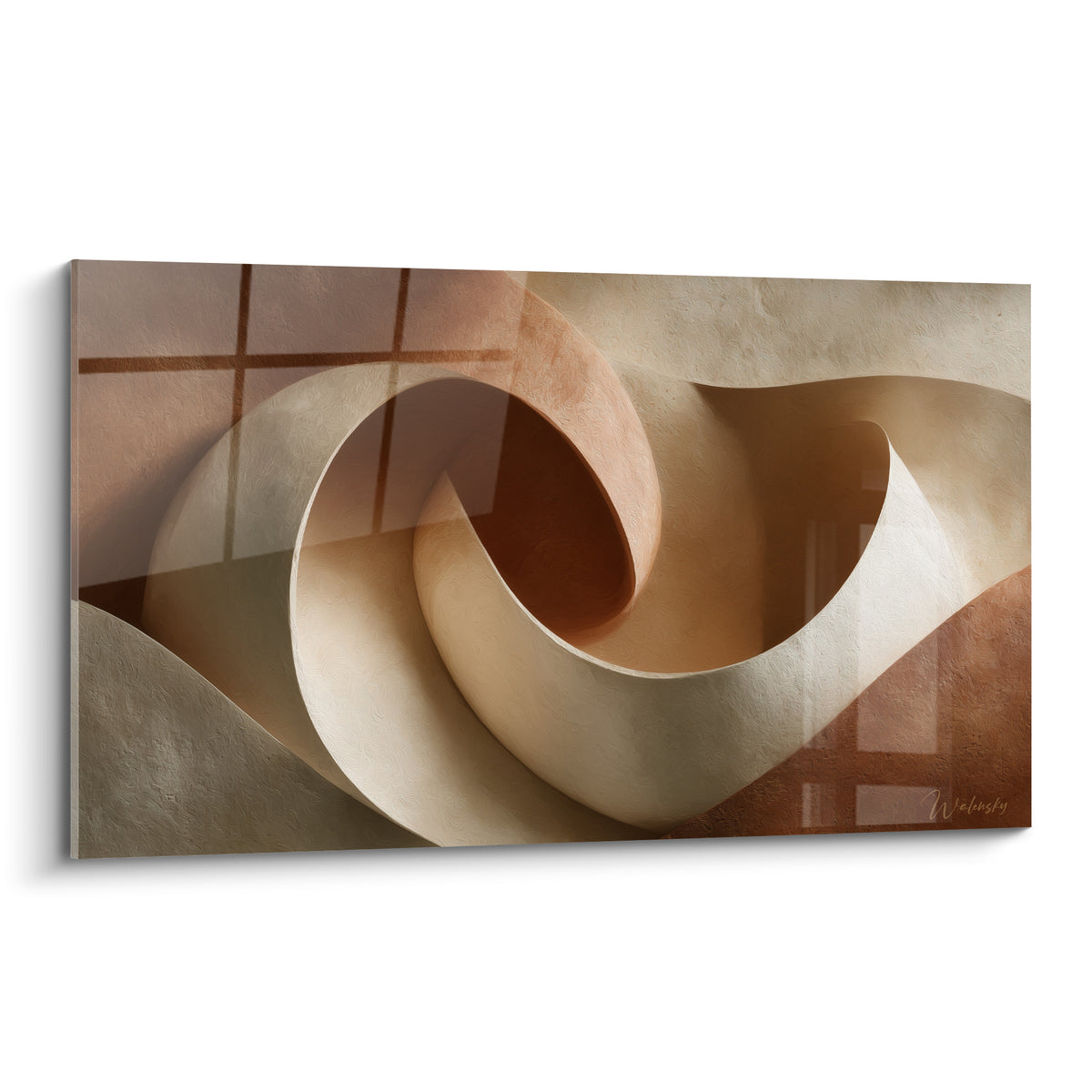 Spirale sculpturale terracotta et beige aux courbes profondes, jeu d'ombres marqué sur fond quadrillé discret