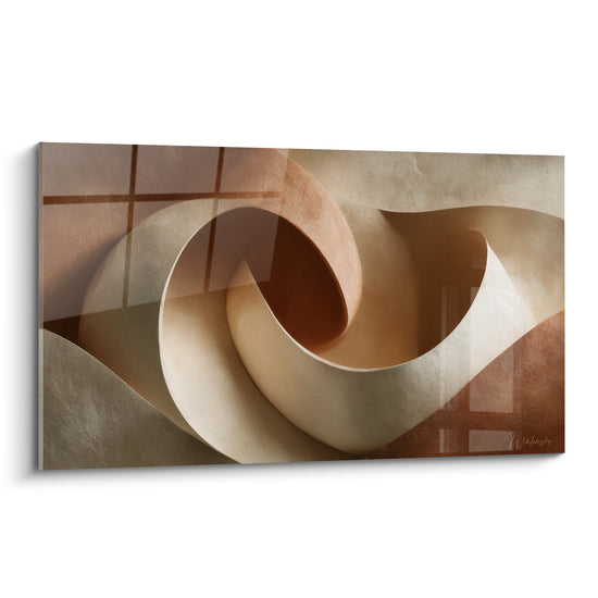 Spirale sculpturale terracotta et beige aux courbes profondes, jeu d'ombres marqué sur fond quadrillé discret