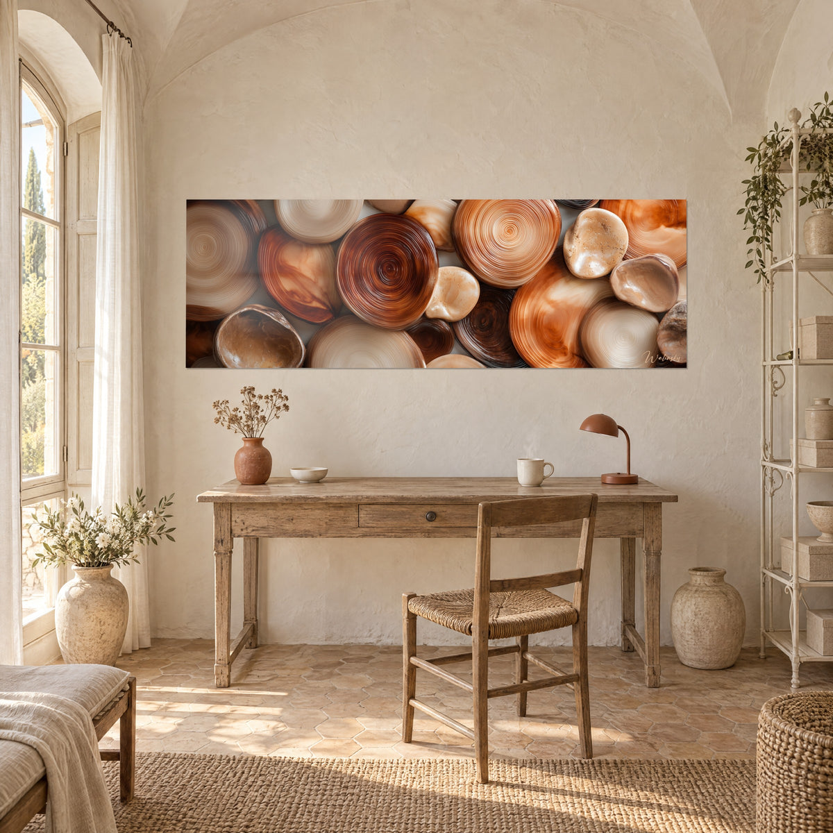 Quadro a mosaico di ciottoli con volute concentriche, ruggine e sabbia, sopra una scrivania in legno chiaro accanto a una lampada di rame