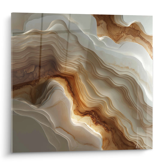 Tableau Terracotta aux strates ivoire et ambrées, motif minéral ondulé façon agate polie