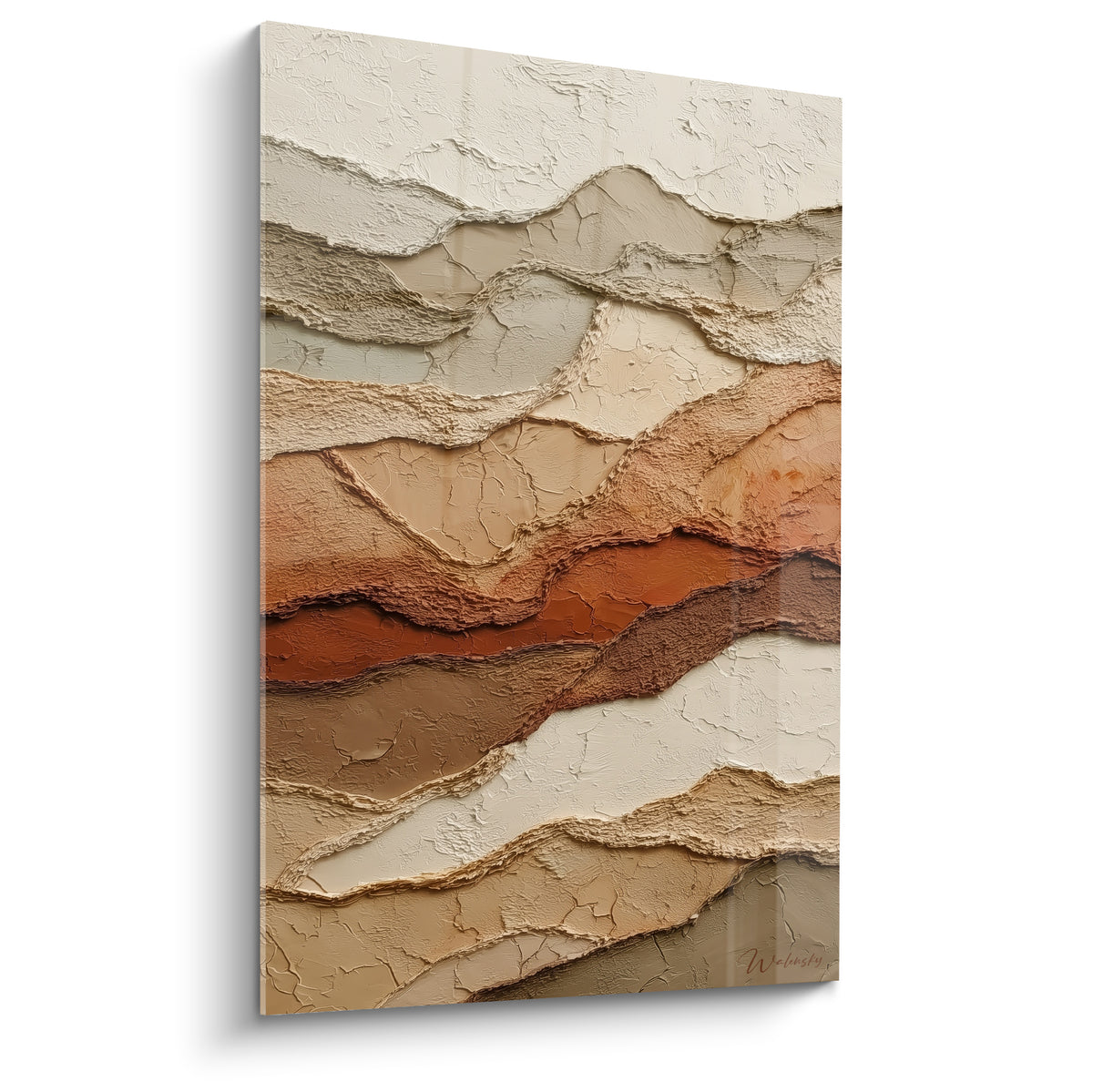 Tableau strates terracotta et beige, texture sculptée en relief façon paysage minéral