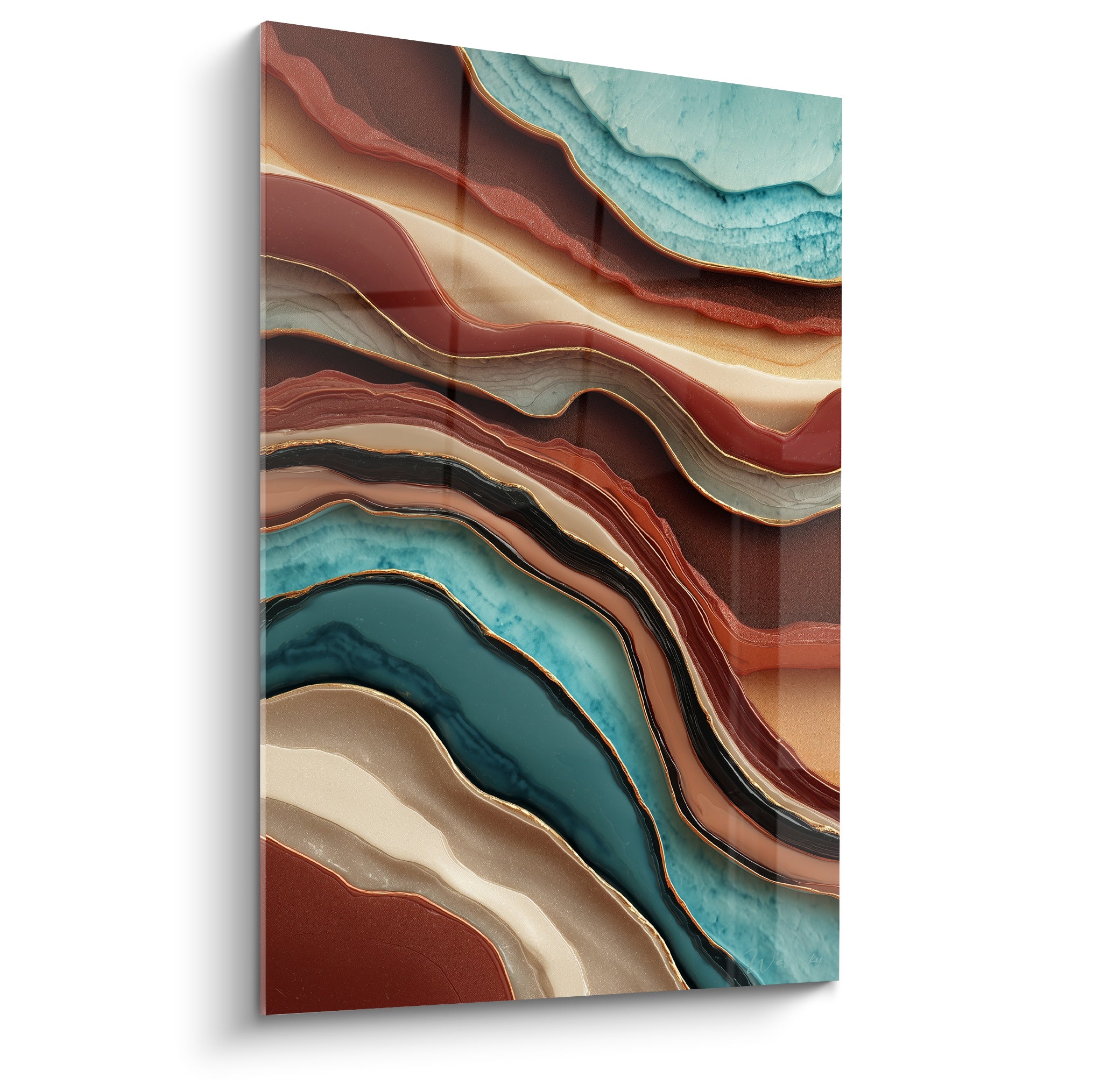 Strates ondulées terracotta et bleu pétrole, finition brillante façon agate polie