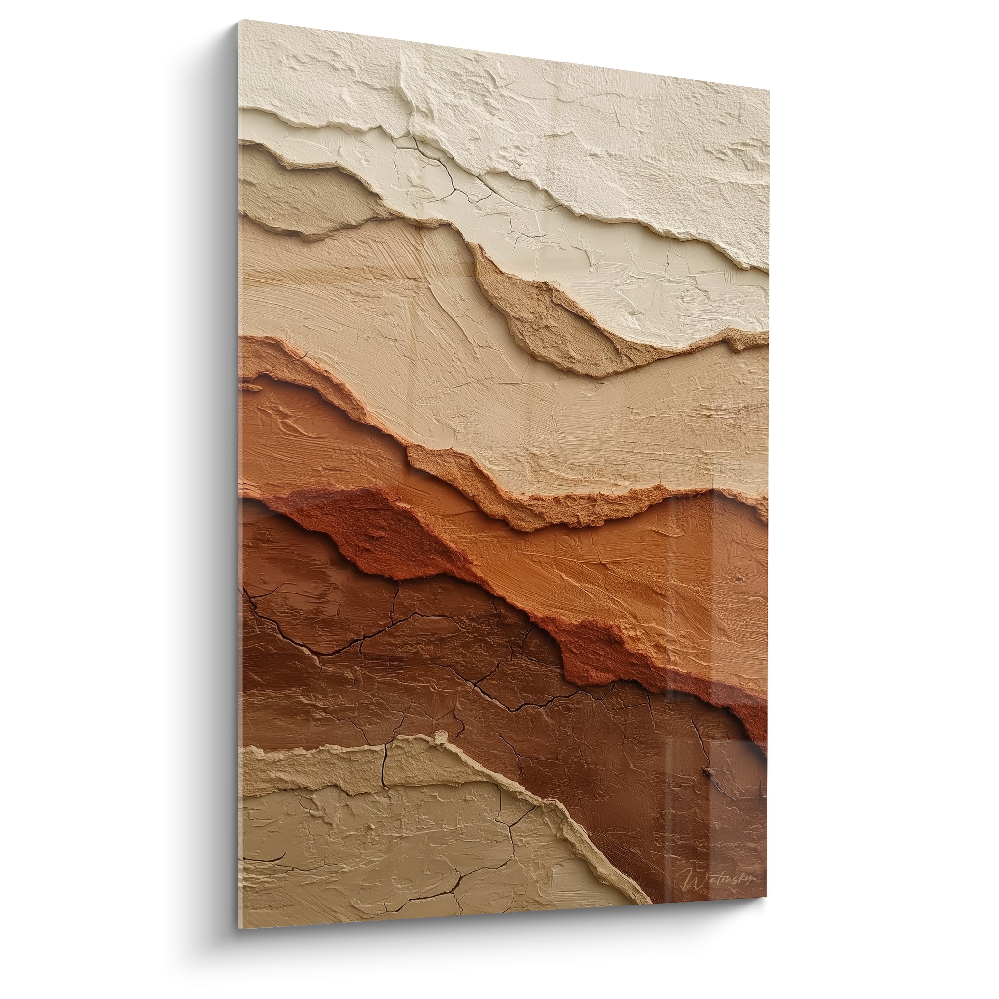 Strates minérales ivoire et brique terracotta empâtées, composition verticale texturée en plein cadre