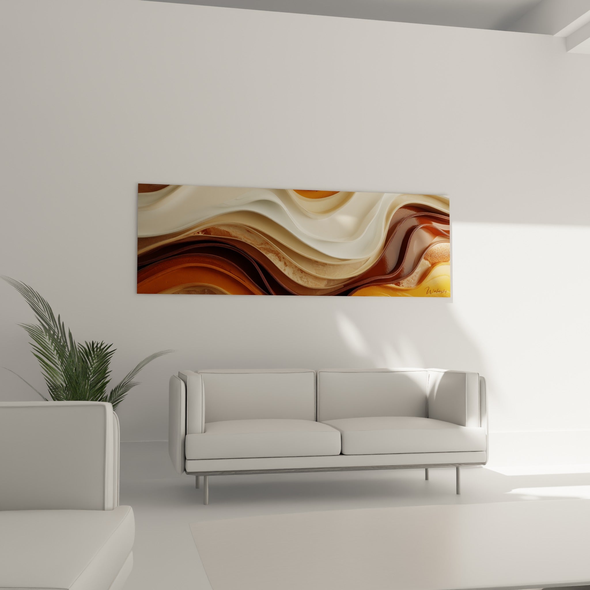 Strates ondulantes brun cuivré et crème du tableau Terracotta, au-dessus d'un canapé dans un salon lumineux