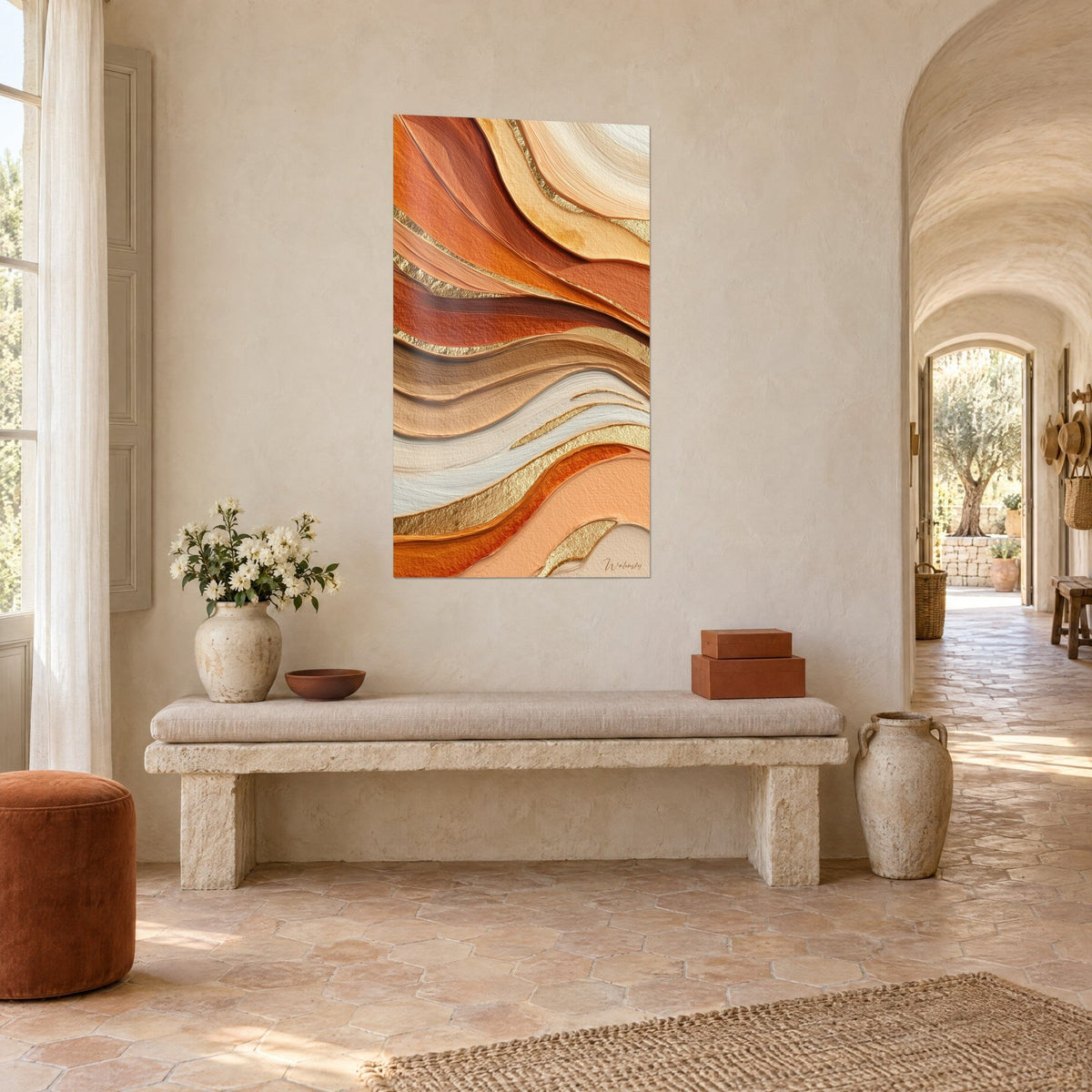 Wall art with thick paint ripples in burnt orange and cream, golden veining, on a whitewashed wall facing a vaulted hallway of a Provençal farmhouse