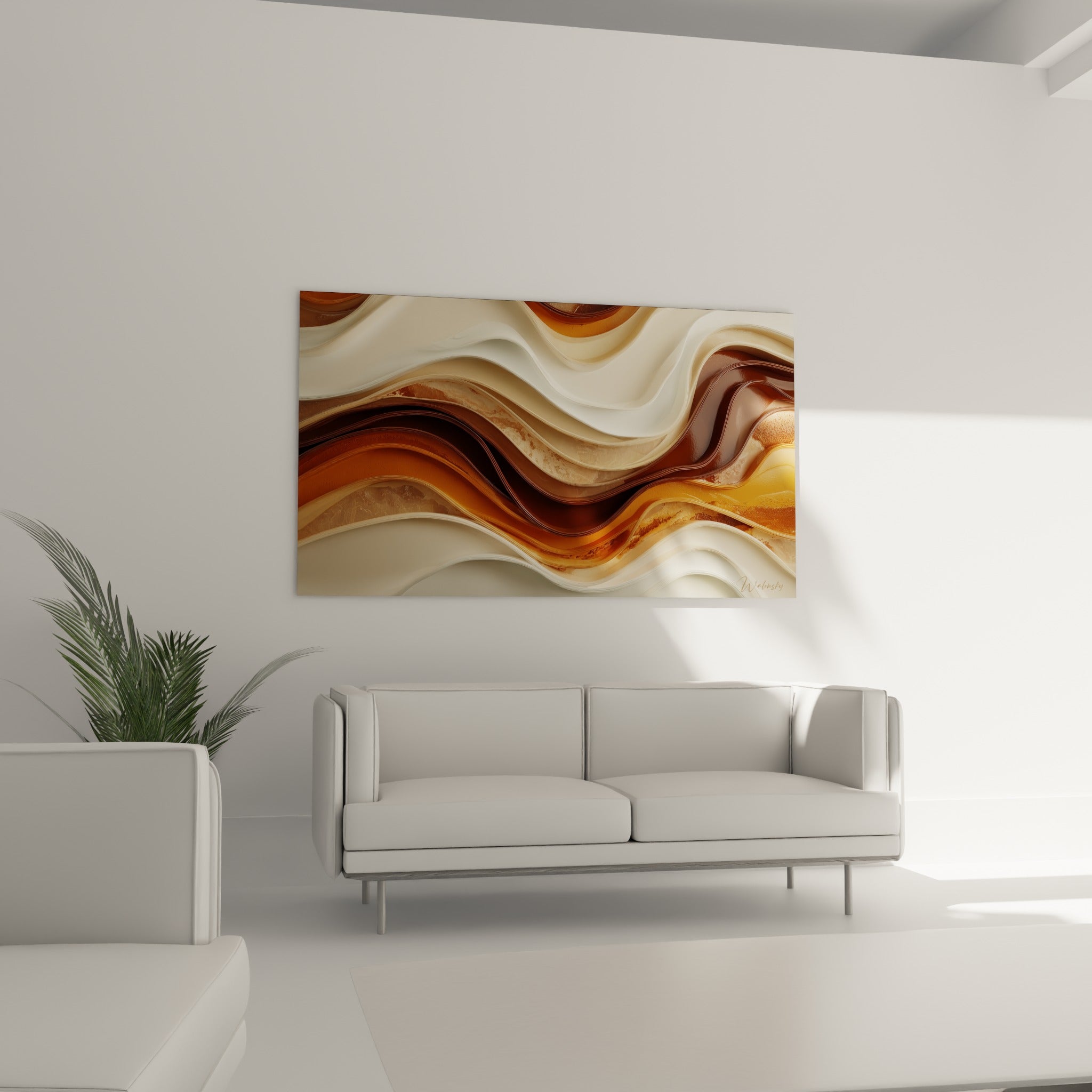Strates ocre et chocolat du tableau Terracotta accrochées au-dessus d'un canapé dans un salon lumineux